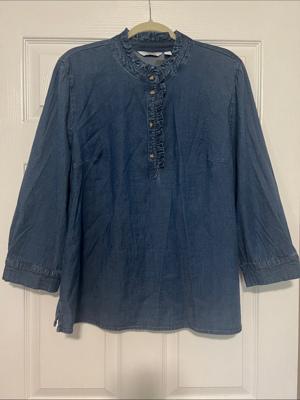 D & Co Denim Ruffled Henley Blouse